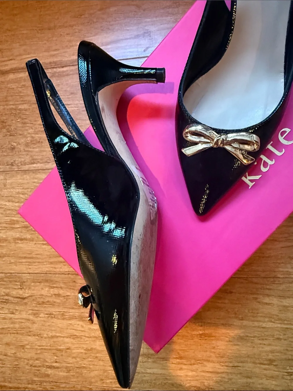 kate spade Black Patent Slingback Pumps with Gold Bow Accent
